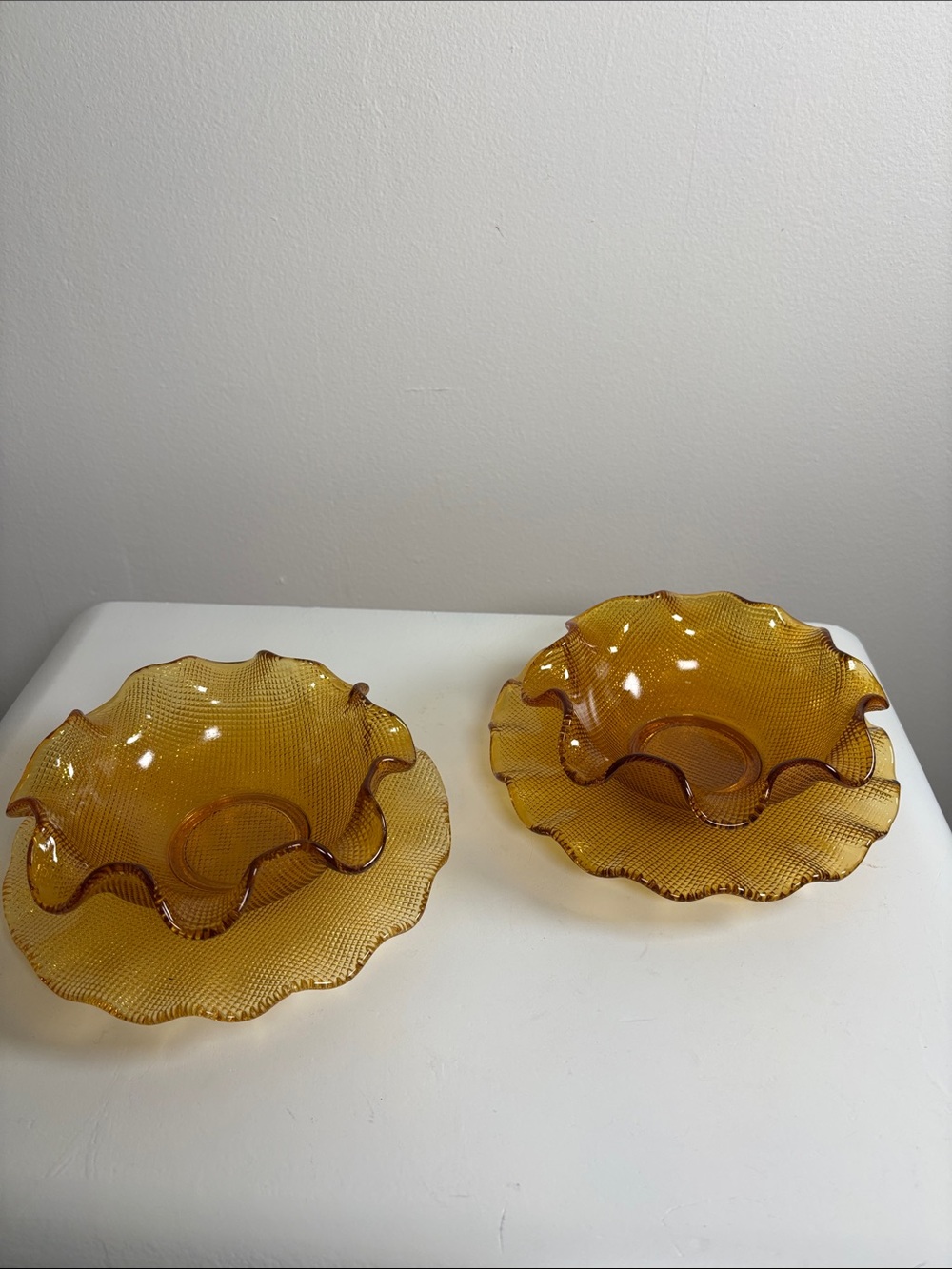 Vintage Colony Amber Waffle Ruffled Glass Dessert Bowl & Plate Sets | Set of 2